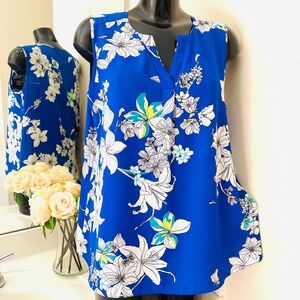 Sami & Jo Women’s blue tunic top Large sleeveless floral shirt blouse flowers
